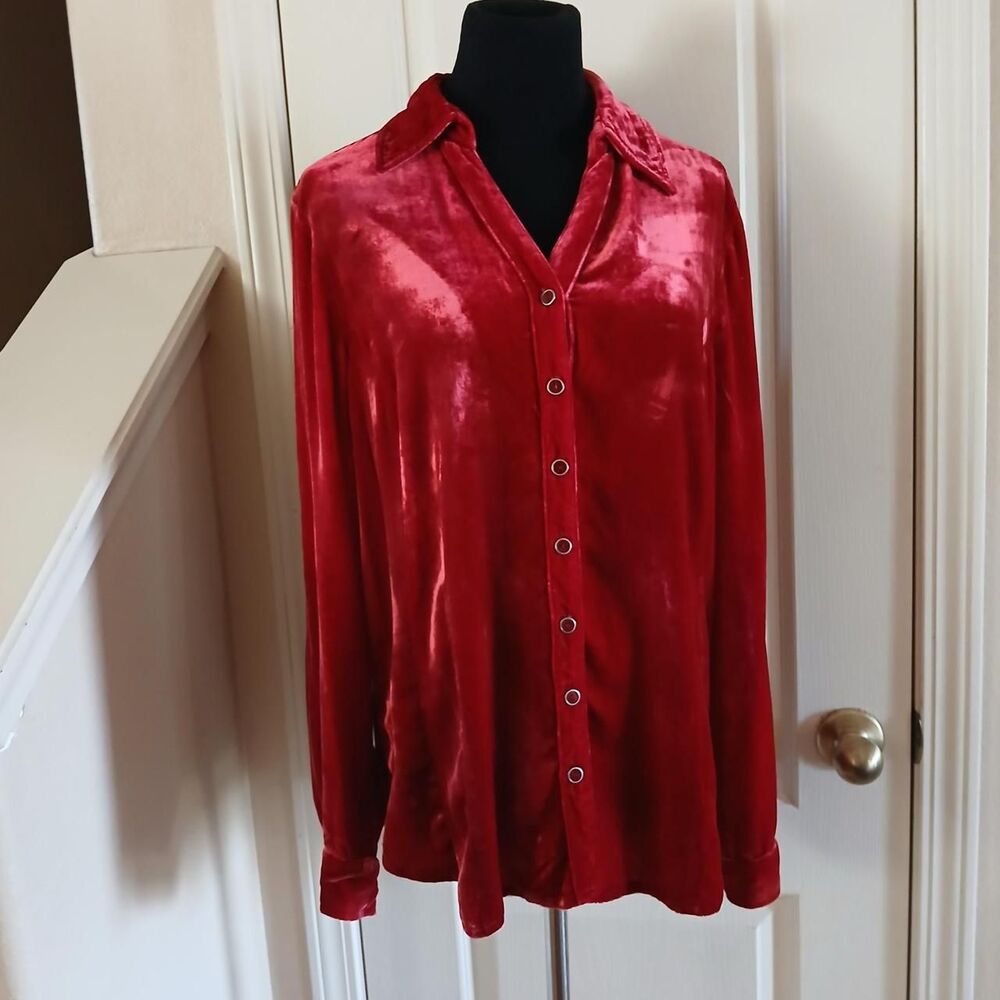 Red Silk Blend Velvet Button Up V Neck Top Smocked Back L Whimsygoth Fairy Boho